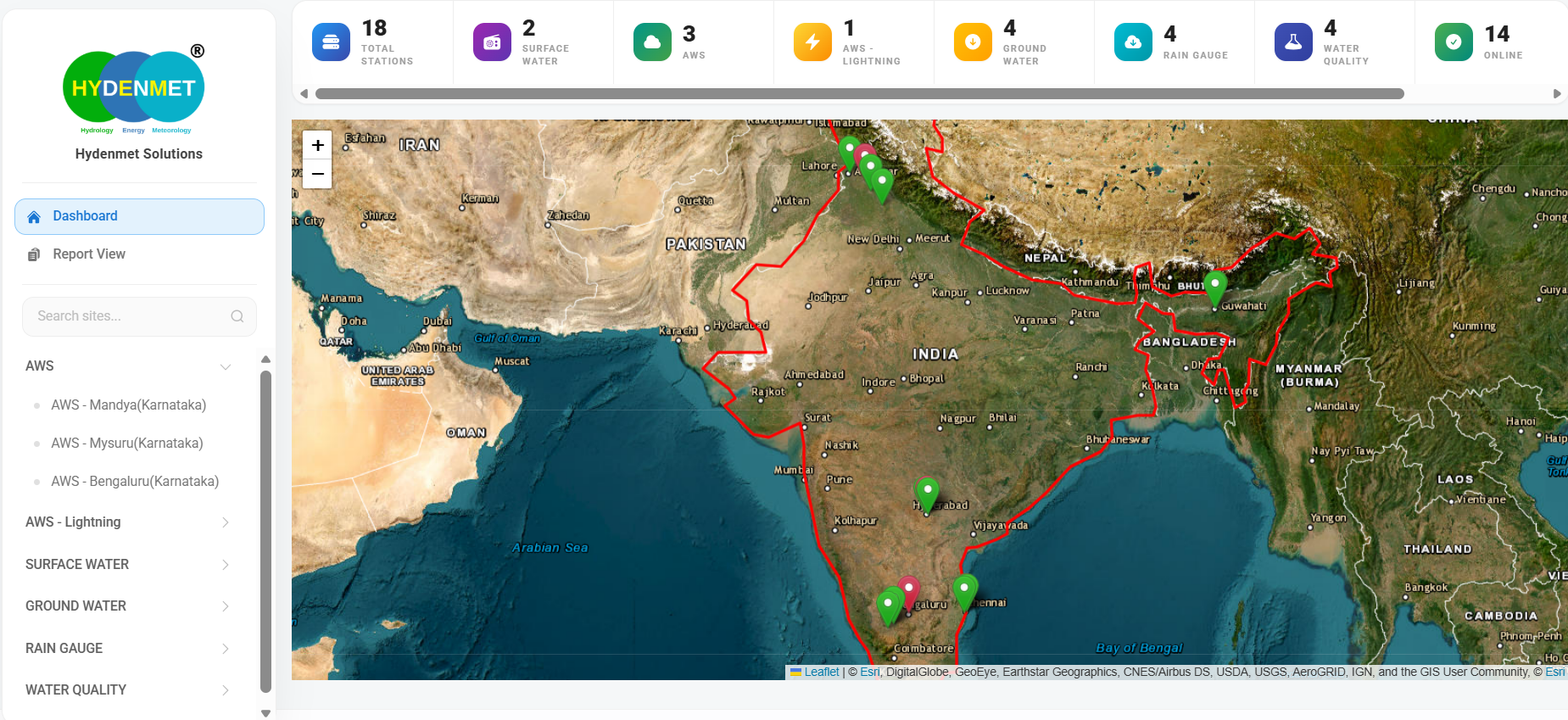 VYOMET unified operational map showing environmental monitoring stations across India